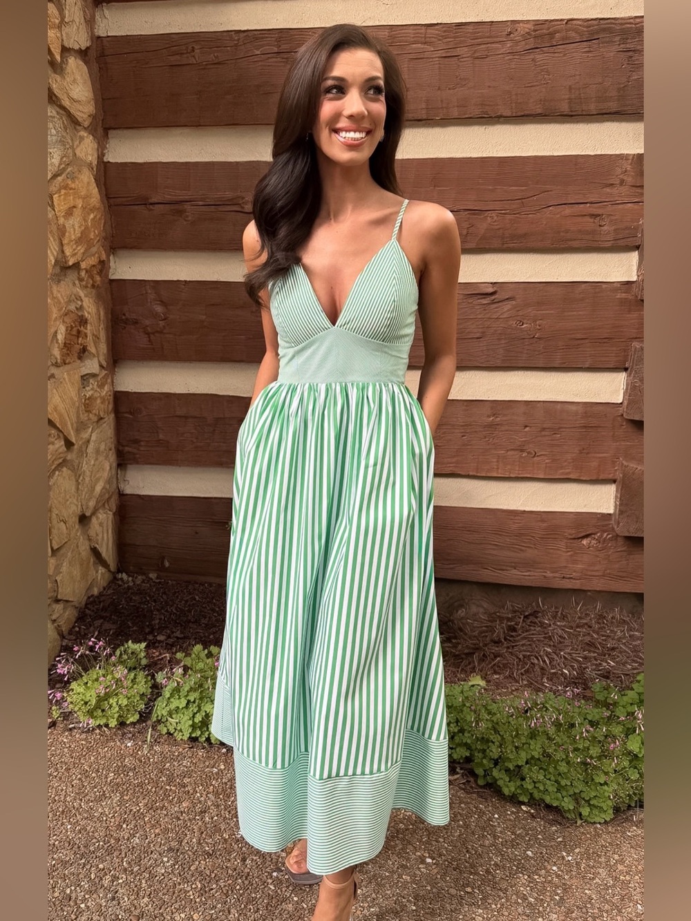 TCEC Green Striped V-Neck Spaghetti Strap Midi Dress